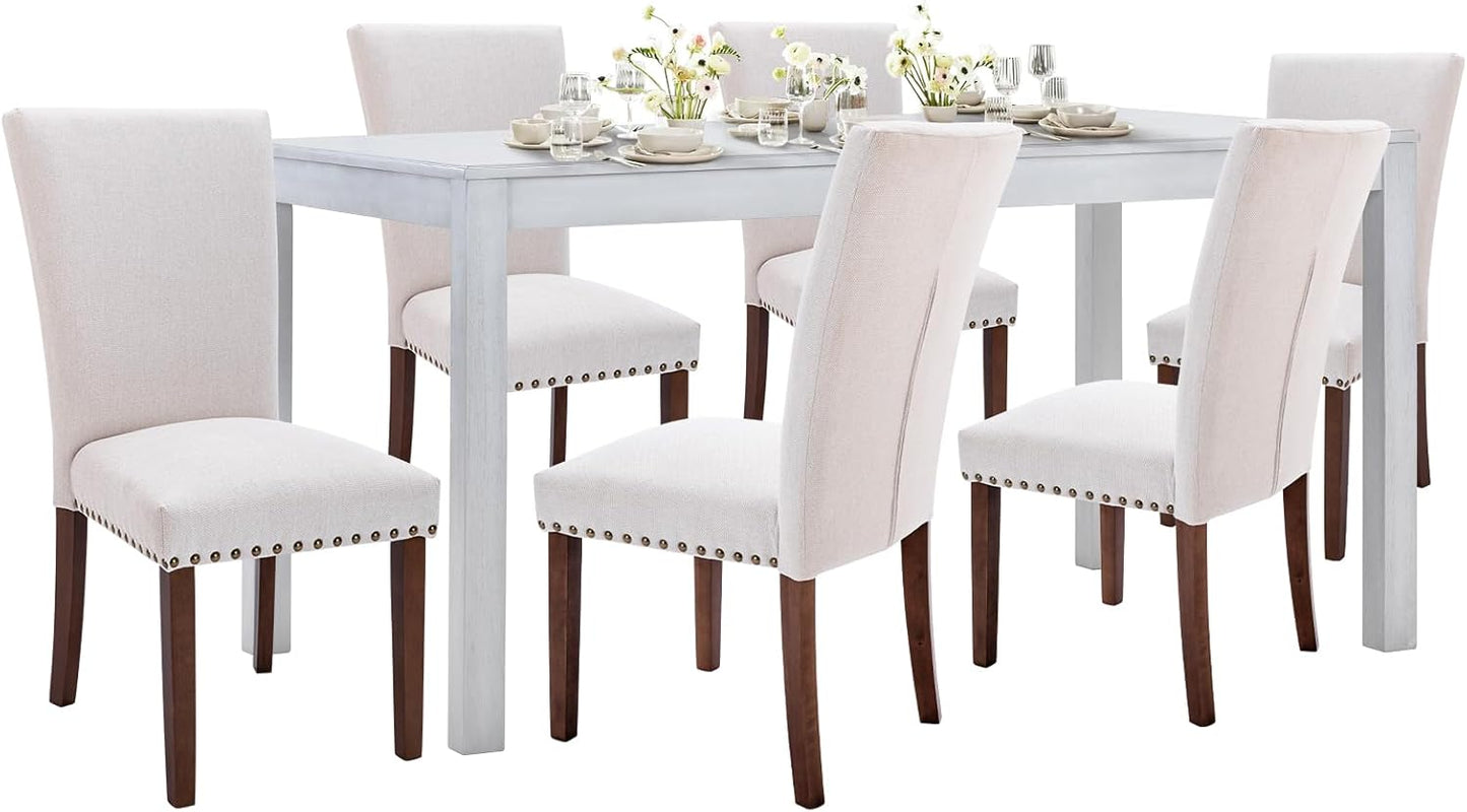 COLAMY 7-Piece Dining Table Set for 6, 60" Kitchen Wood Table with 6 Nailhead Dining Room Chairs, White/Beige