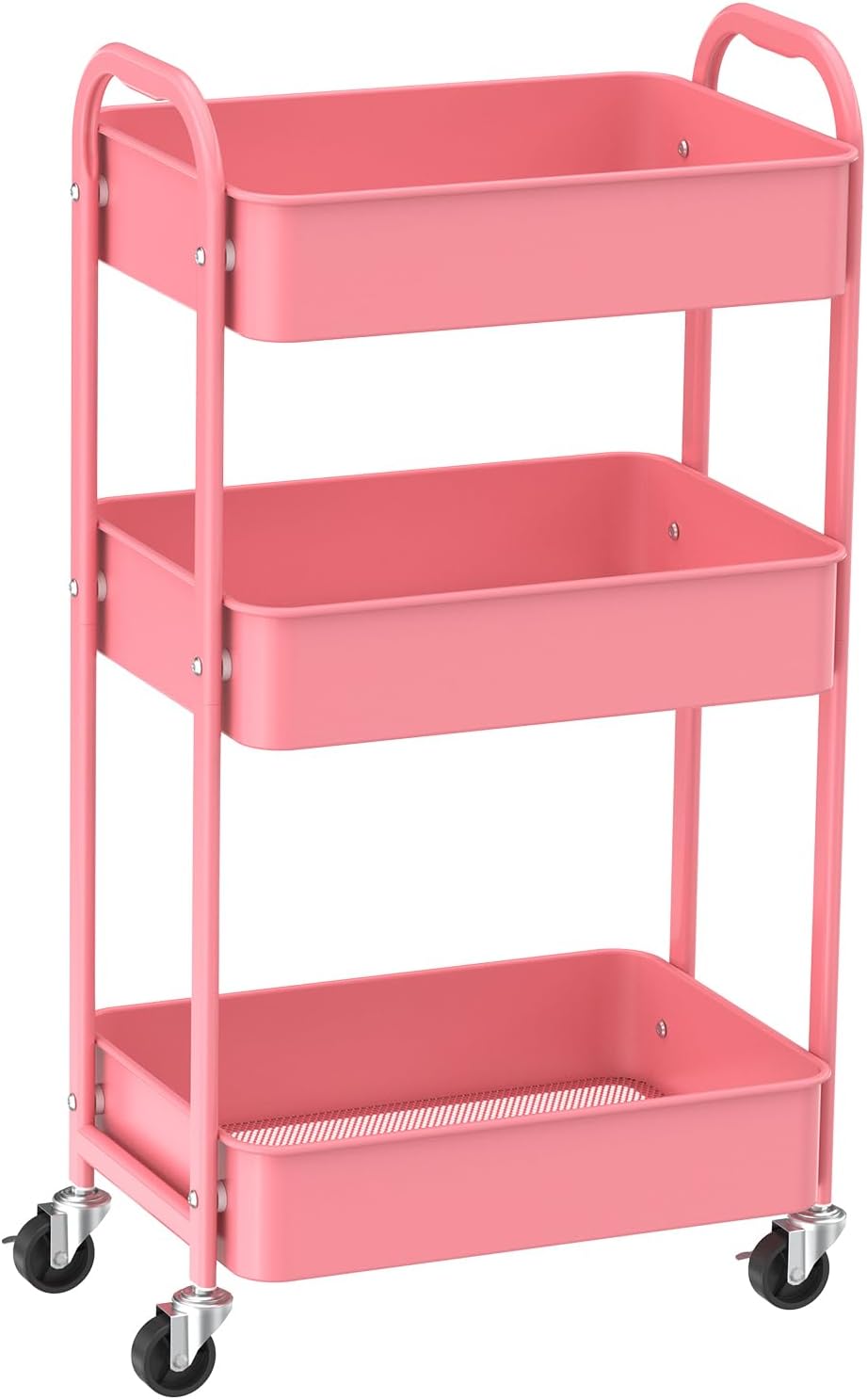 MAX Houser 3-Tier Rolling Utility Cart with Caster Wheels,Easy Assembly, for Kitchen, Bathroom (Pink)
