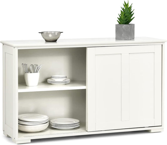 Costzon Sideboard Buffet Cabinet, Wooden Kitchen Storage Cabinet with Adjustable Shelf, Sliding Barn Door, Accent Coffee Bar Cabinet Console Table for Living Room, Dining Room, Hallway (White)
