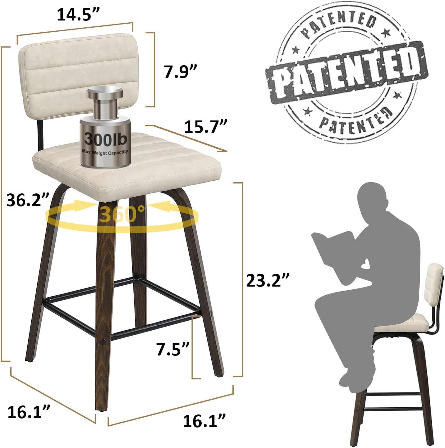 Swivel Bar Stools Set of 2, Counter Height, Wooden Frame, PU Leather Cushions, Beige