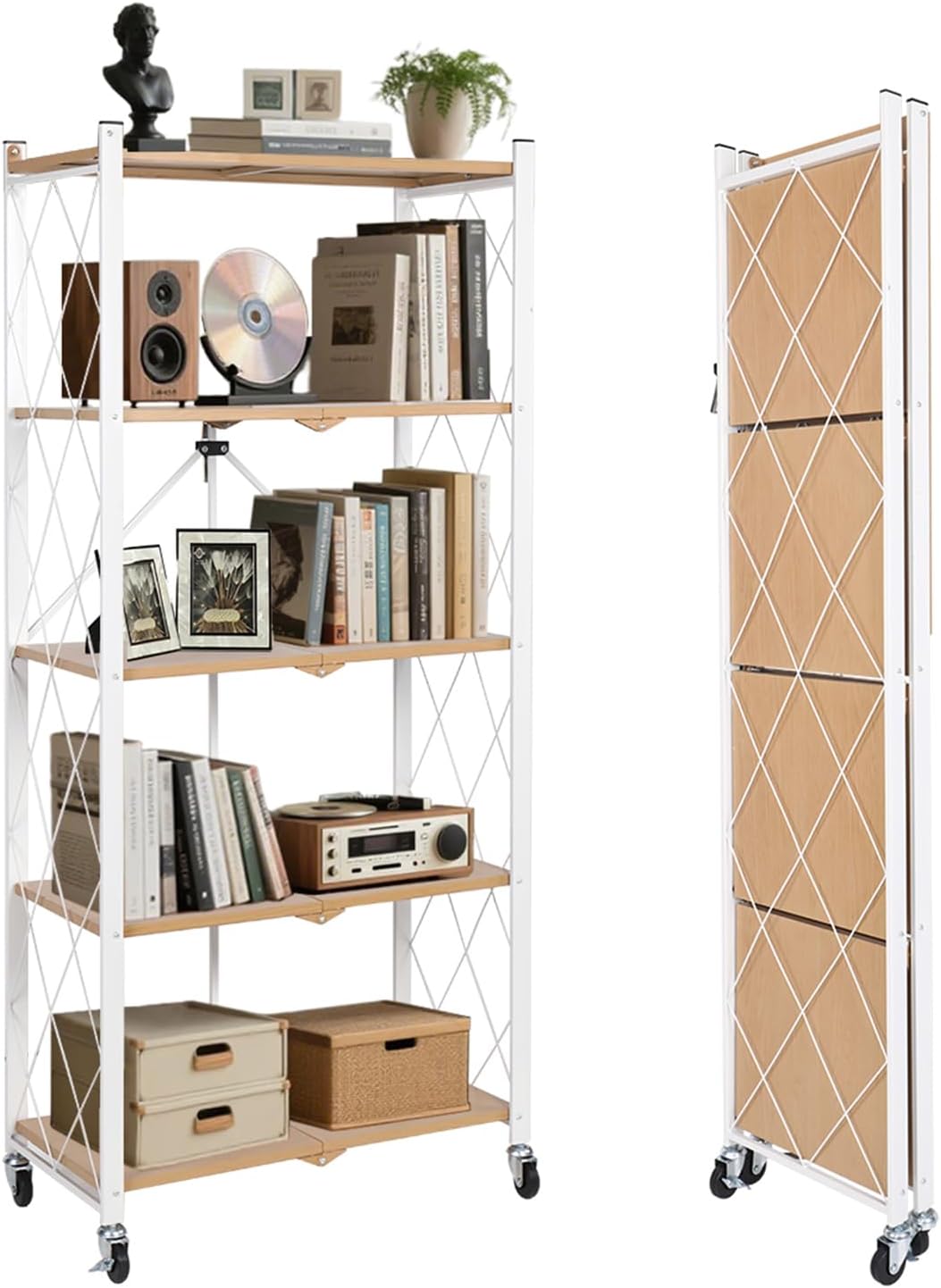 BAOYOUNI 5-Tier Vintage Industrial Bookshelf - No Assembly Folding Storage Shelf with Woodgrain Finish | Collapsible Metal Bookcase for Living Room, Office & Bedroom