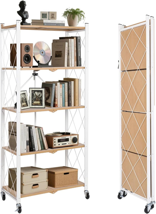 BAOYOUNI 5-Tier Vintage Industrial Bookshelf - No Assembly Folding Storage Shelf with Woodgrain Finish | Collapsible Metal Bookcase for Living Room, Office & Bedroom