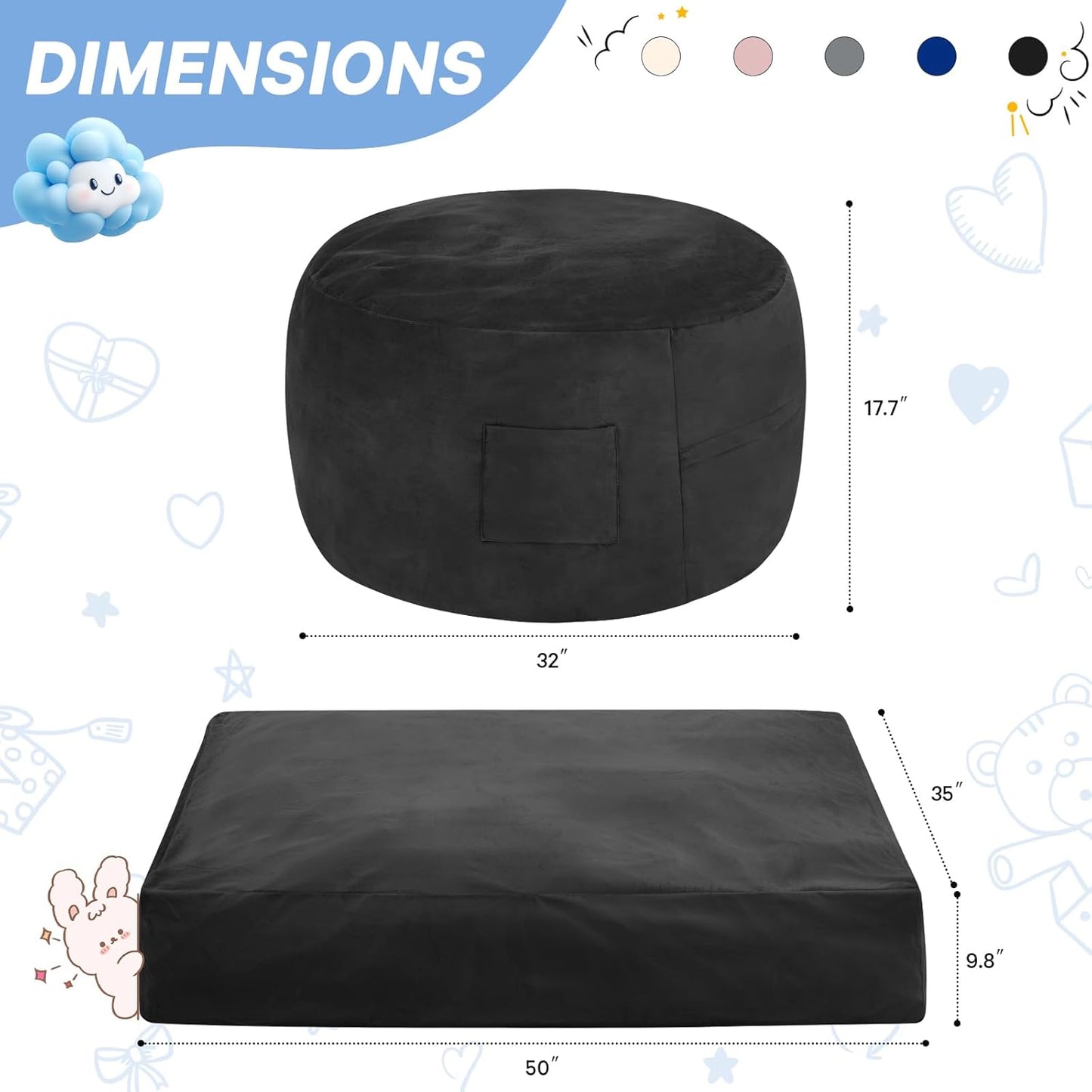 Kids Bean Bag Chair Bed - Convertible Lazy Chair to Floor Mattress with Filler - Small Beanbag Chair for Boys and Girls - Floor Couch Sofa in Bedroom, Classroom, Reading Nook - Carbon Black