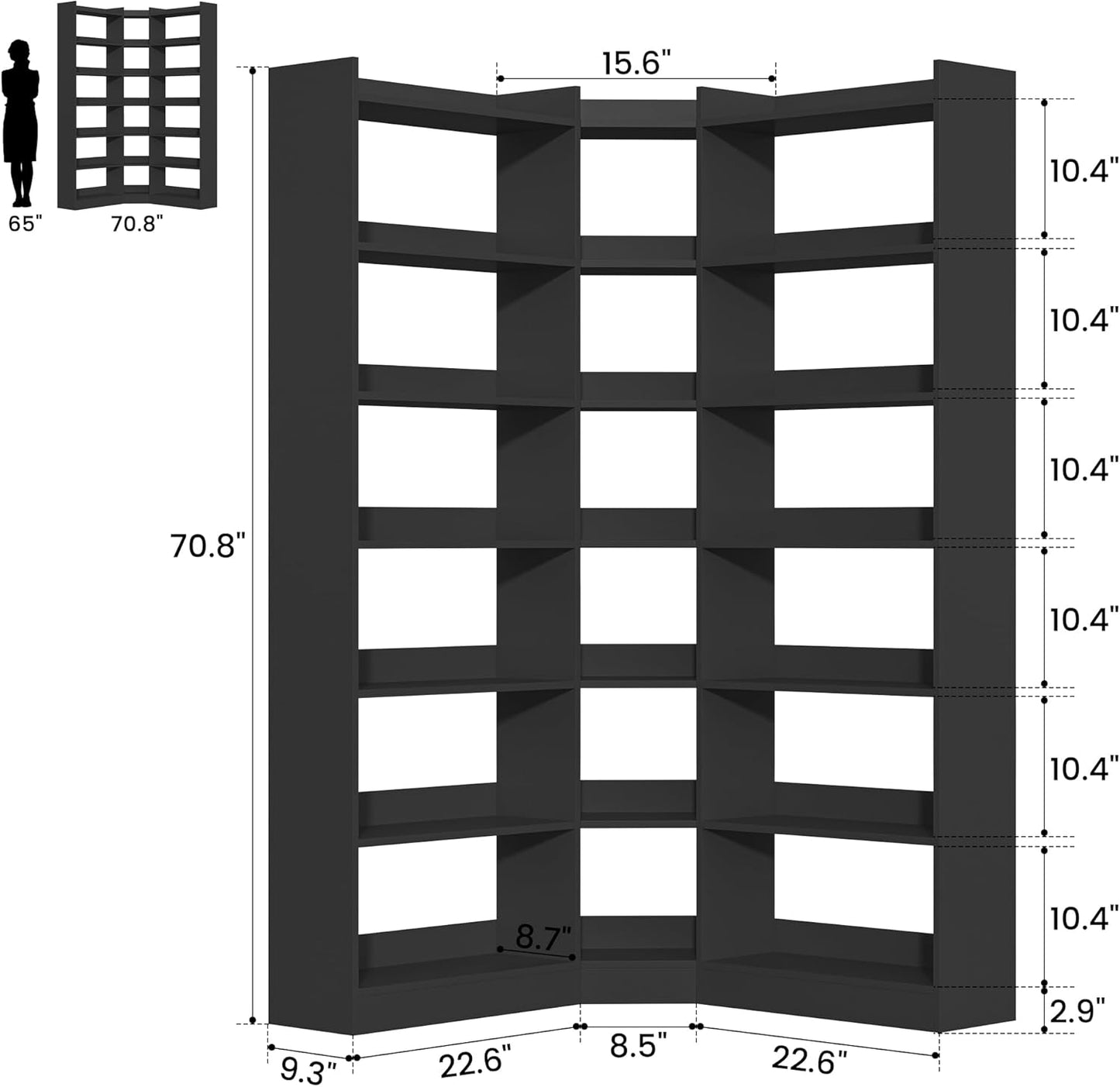 70.8" Tall Corner Bookshelf and Bookcases, 7 Tiers Morden Large Etagere Bookcases Storage Display Rack with Baffle, Industrial L-Shaped Bookshelves for Bedroom, Home Office, Living Room, Black