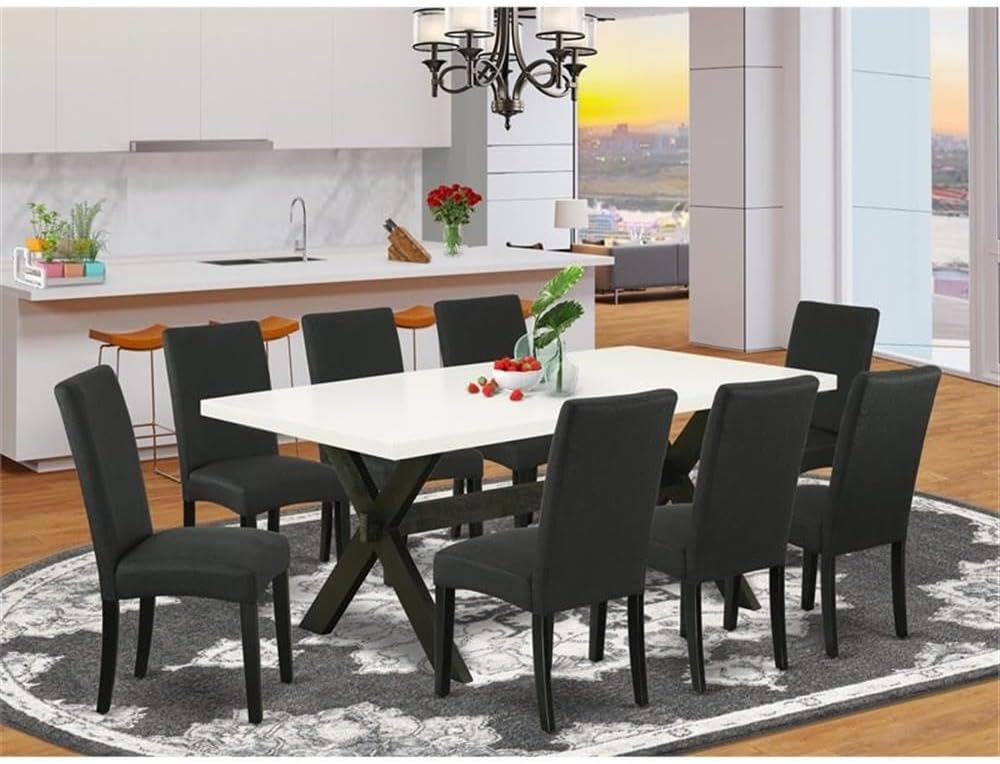 East West Furniture X627DR124-9 9 Piece Modern Dining Table Set Includes a Rectangle Wooden Table with X-Legs and 8 Black Color Linen Fabric Parsons Dining Chairs, 40x72 Inch, Multi-Color