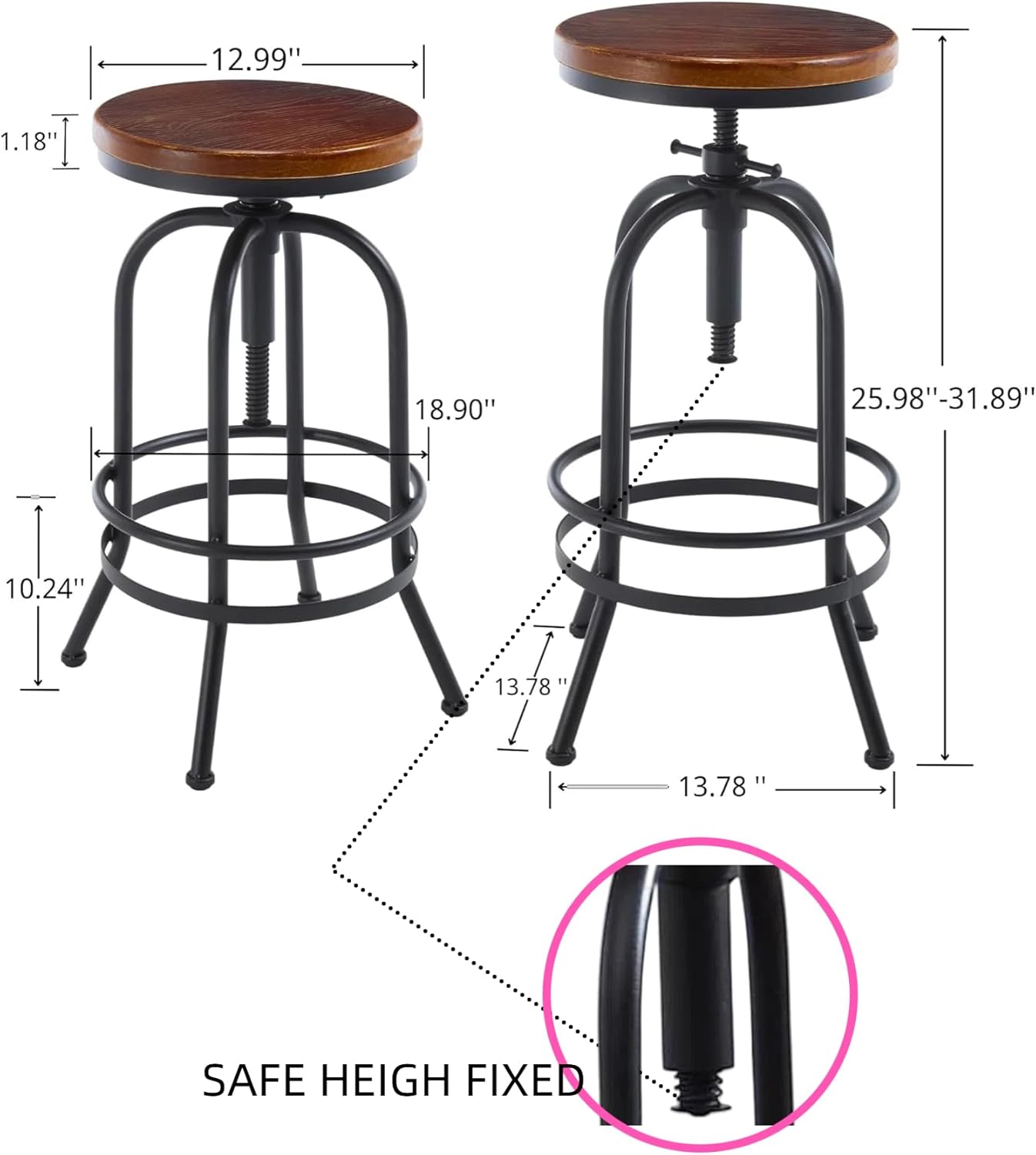 Diwhy Industrial Bar Stool-26-32 Inch Adjustable Swivel Metal Wood Seat Stool Bar Height Bar Stool with Footrest-for Kitchen, Dining Side Chair, Pub, Bistro, Set of 2, Black