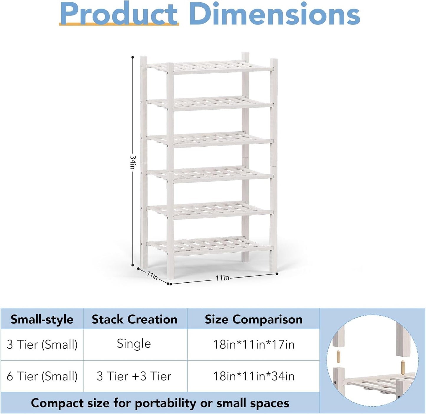 Haddockway small 6 Tier Bamboo Shoe Rack Storage Organizer, Multifunctional Free Standing Stackable Shoe Shelf with Grid Panel for Closet,Hallway,Entryway,Small Space 18"x11"x34"(White, 6-Tier(Small))