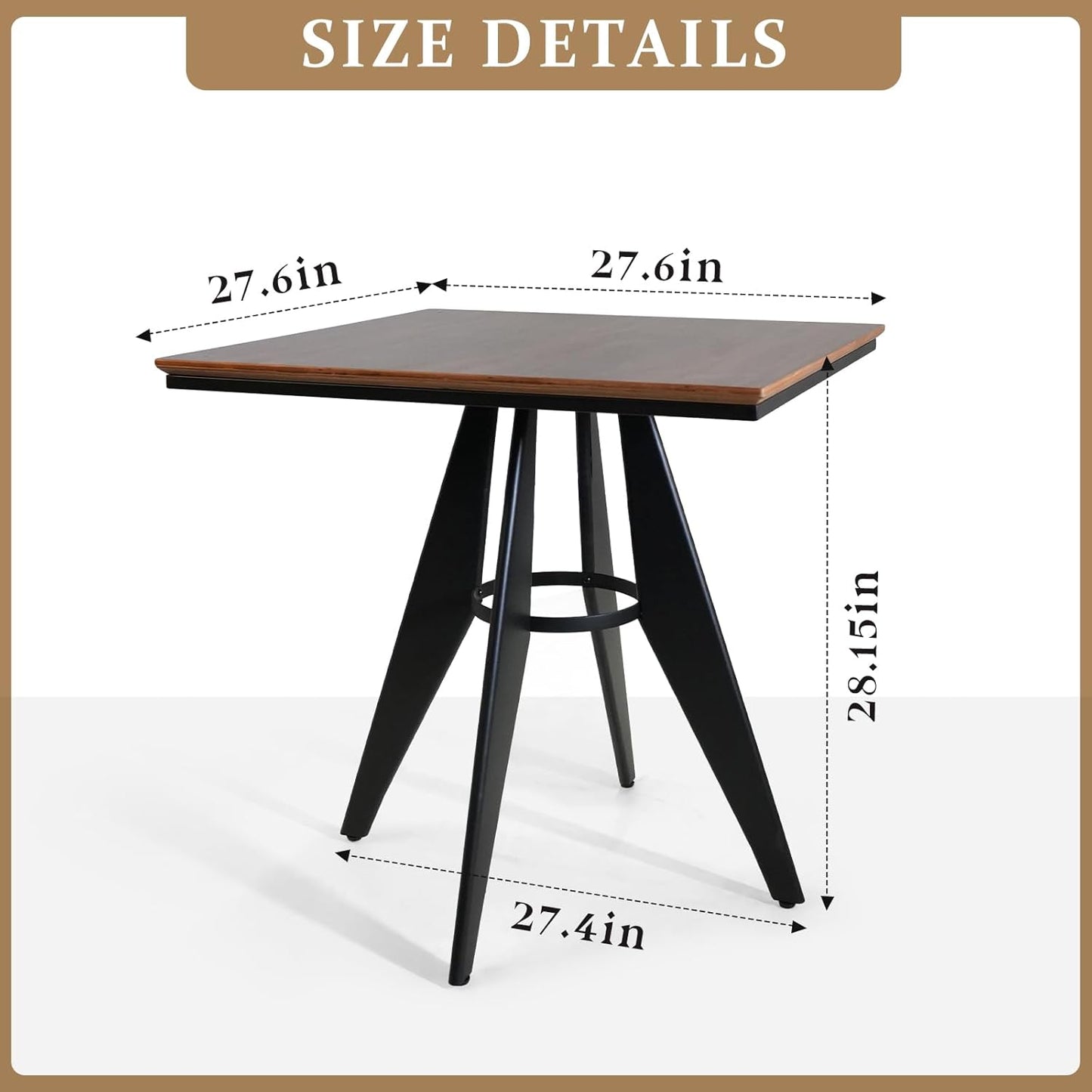 Square Cafe Table - 27.6" Oak Wood Top, Metal Frame, 28.15" High, Modern Industrial Dining Table for Kitchen, Home Office, Bistro, Compact for Space Saving