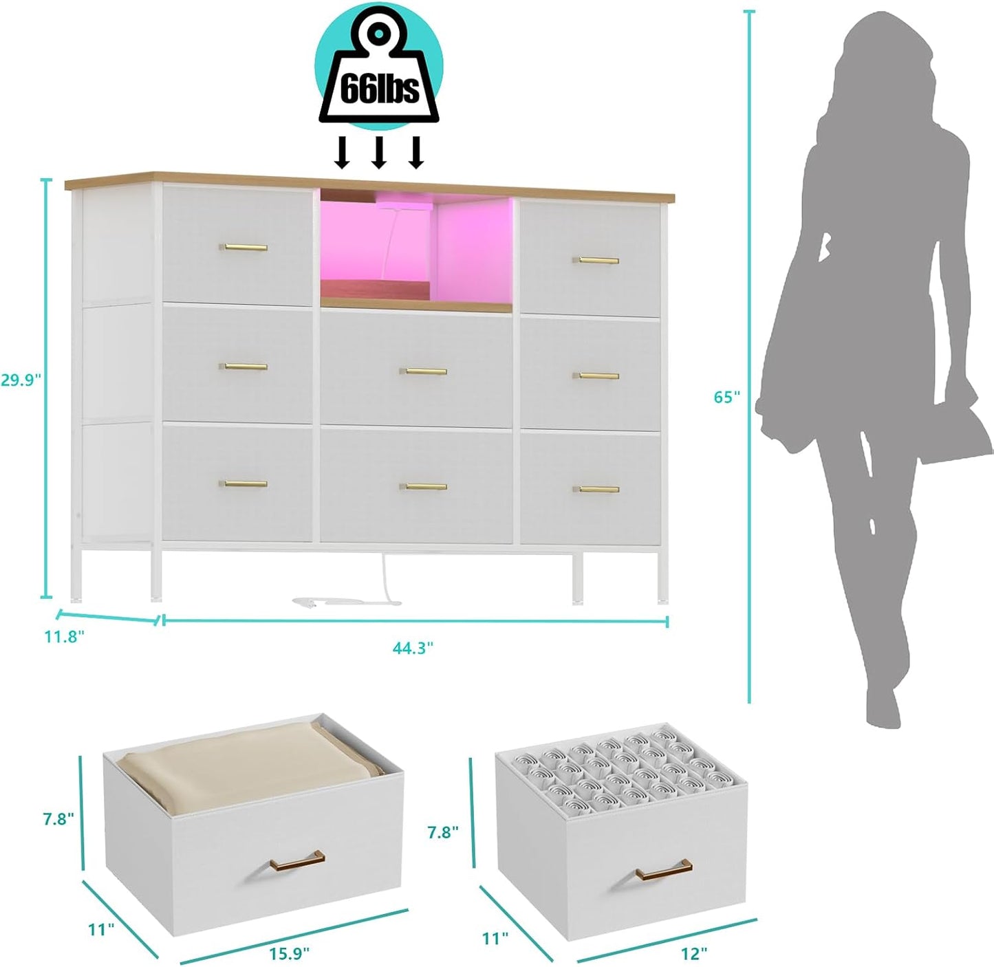 White Dresser with LED Lights and Power Outlets, Dresser TV Stand with 8 Drawers for 55" TV, Fabric Chest of Drawers for Bedroom, Living Room, Entryway