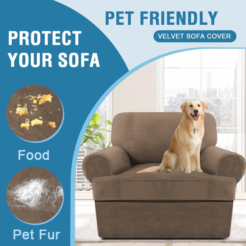 H.VERSAILTEX Sofa Cover 2 Piece T Cushion Armchair Slipcovers Thick Velvet Couch Cover Stretch T Cushion Sofa Covers for 1 Cushion Couch with 1 Individual T Cushion Covers, Mocha