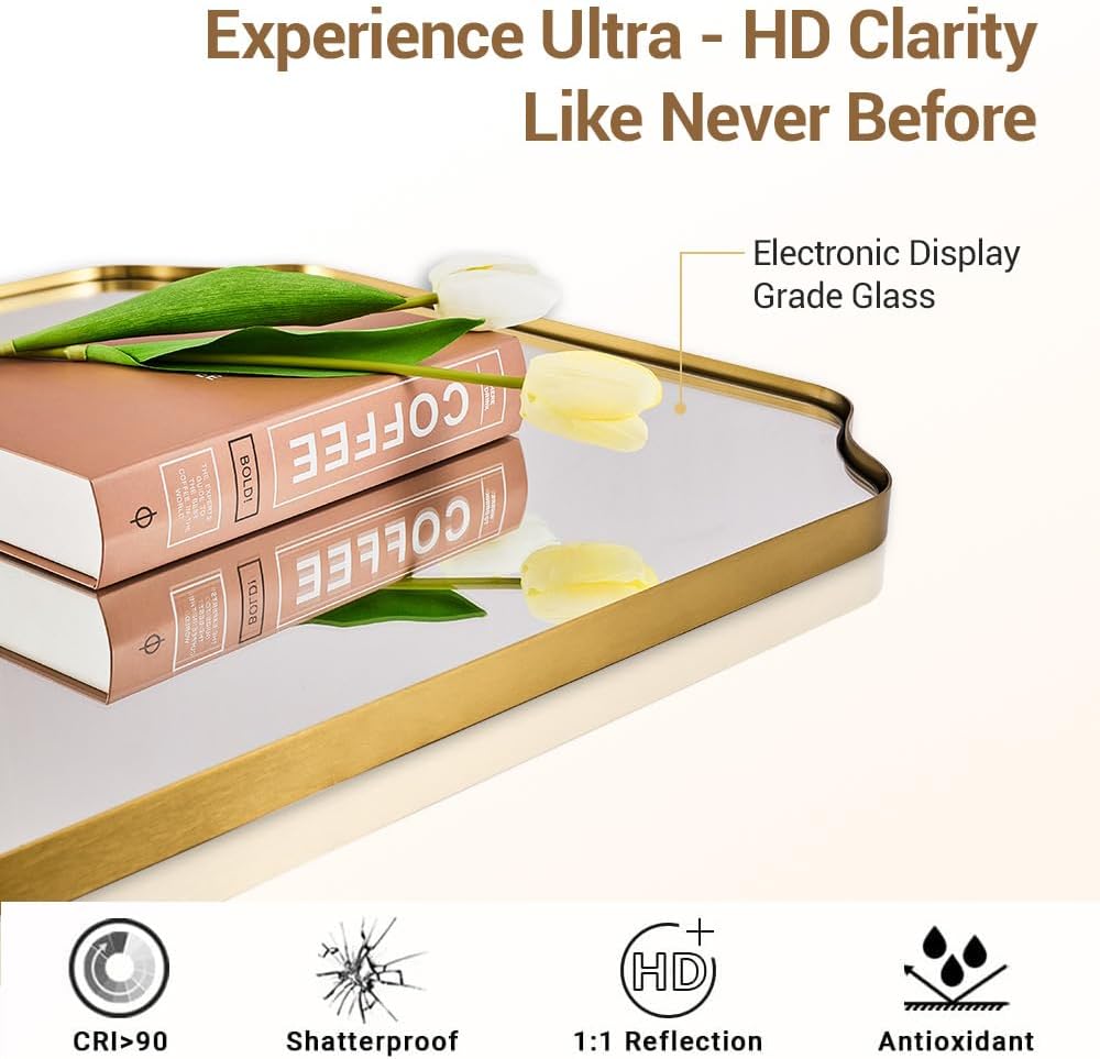 ANDY STAR 30"x40" Gold Bathroom Mirror, Large Scalloped Wall Mirror, Brushed Brass Mirror in Anti-Rust Stainless Steel Metal, Unique Rectangle Shape Decorative for Bathroom, Living Room, Entryway