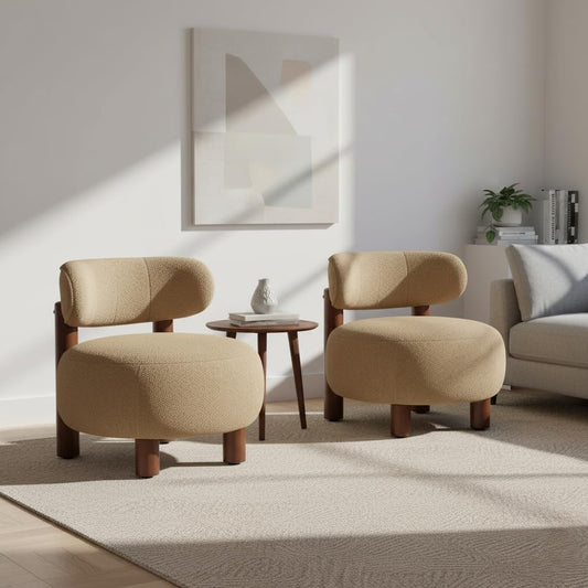 Modern Boucle Accent Chair Set of 2, with Plush Faux Sherpa Upholstery, Curved Backrest, Solid Wood Legs for Living Room Bedroom Reading Nook, 27.5", Camel