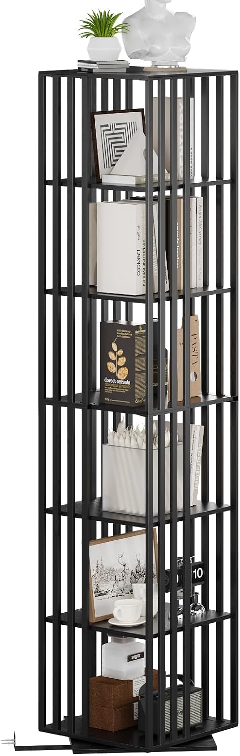 6 Tier Rotating Bookshelf, 360° Spinning Narrow Bookcase Tower, Space Saving Floor Standing Wood Shelf & CD Organizer for Small Spaces, Bedroom, Living Room, Office (Black, 6-Tier)