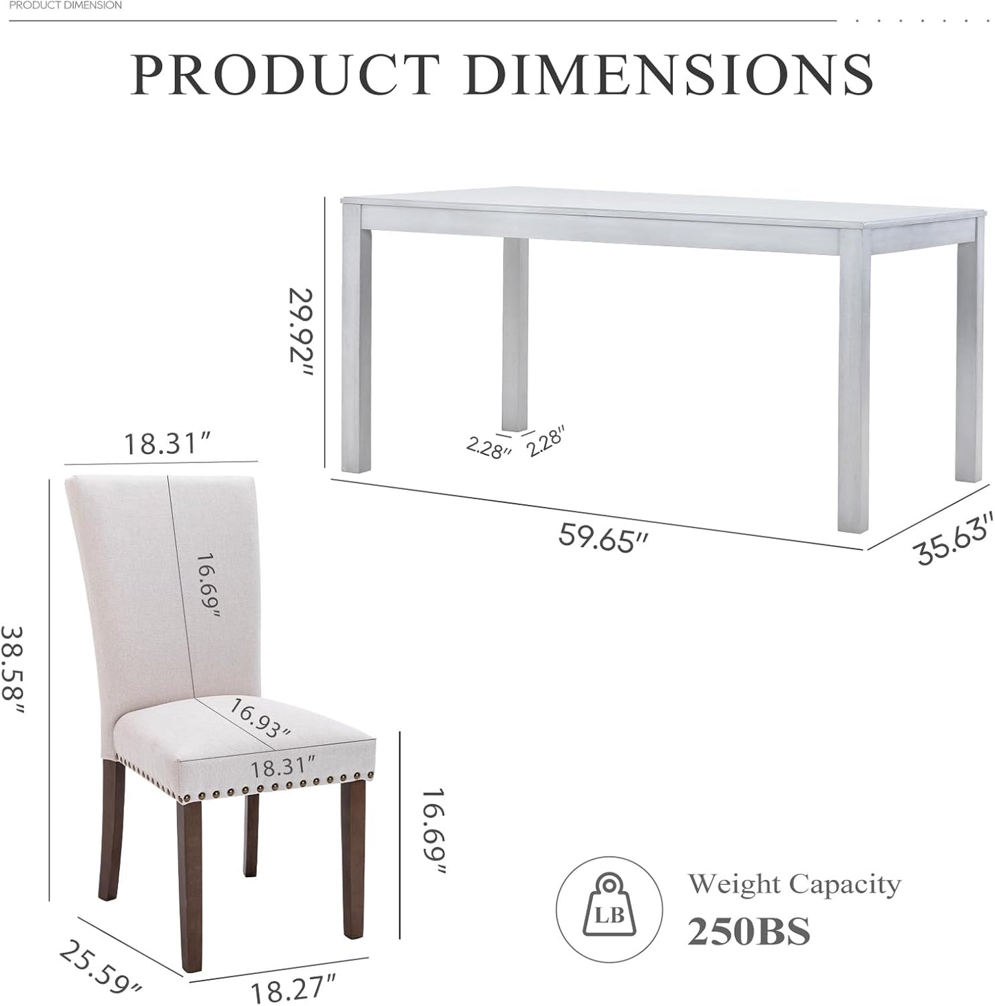 COLAMY 7-Piece Dining Table Set for 6, 60" Kitchen Wood Table with 6 Nailhead Dining Room Chairs, White/Beige