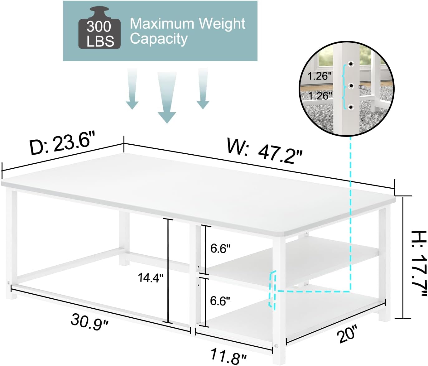 EXCEFUR White Coffee Table, Modern Rustic Wood Center Table with Storage for Living Room, Industrial Rectangle Cocktail Tea Table, 47 Inch