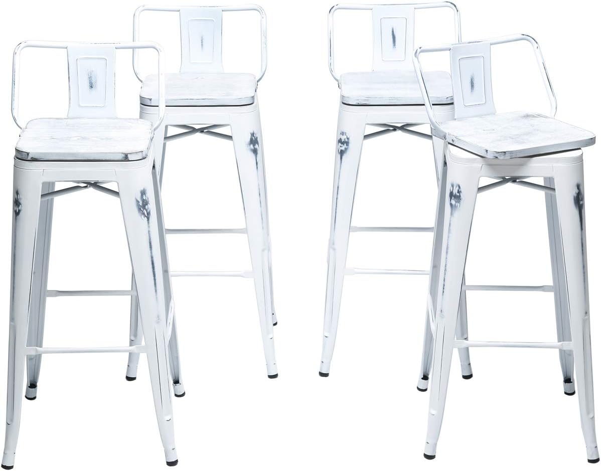 26 Inch Swivel Bar Stools Set of 4 with Backs Counter Height Industrial Metal Barstools Island Bar Chairs for Home Kitchen Dining Room (Swivel 26 inch, Distressed White Wooden)