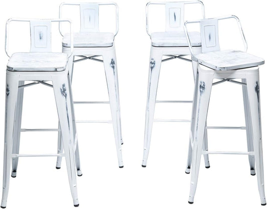 26 Inch Swivel Bar Stools Set of 4 with Backs Counter Height Industrial Metal Barstools Island Bar Chairs for Home Kitchen Dining Room (Swivel 26 inch, Distressed White Wooden)