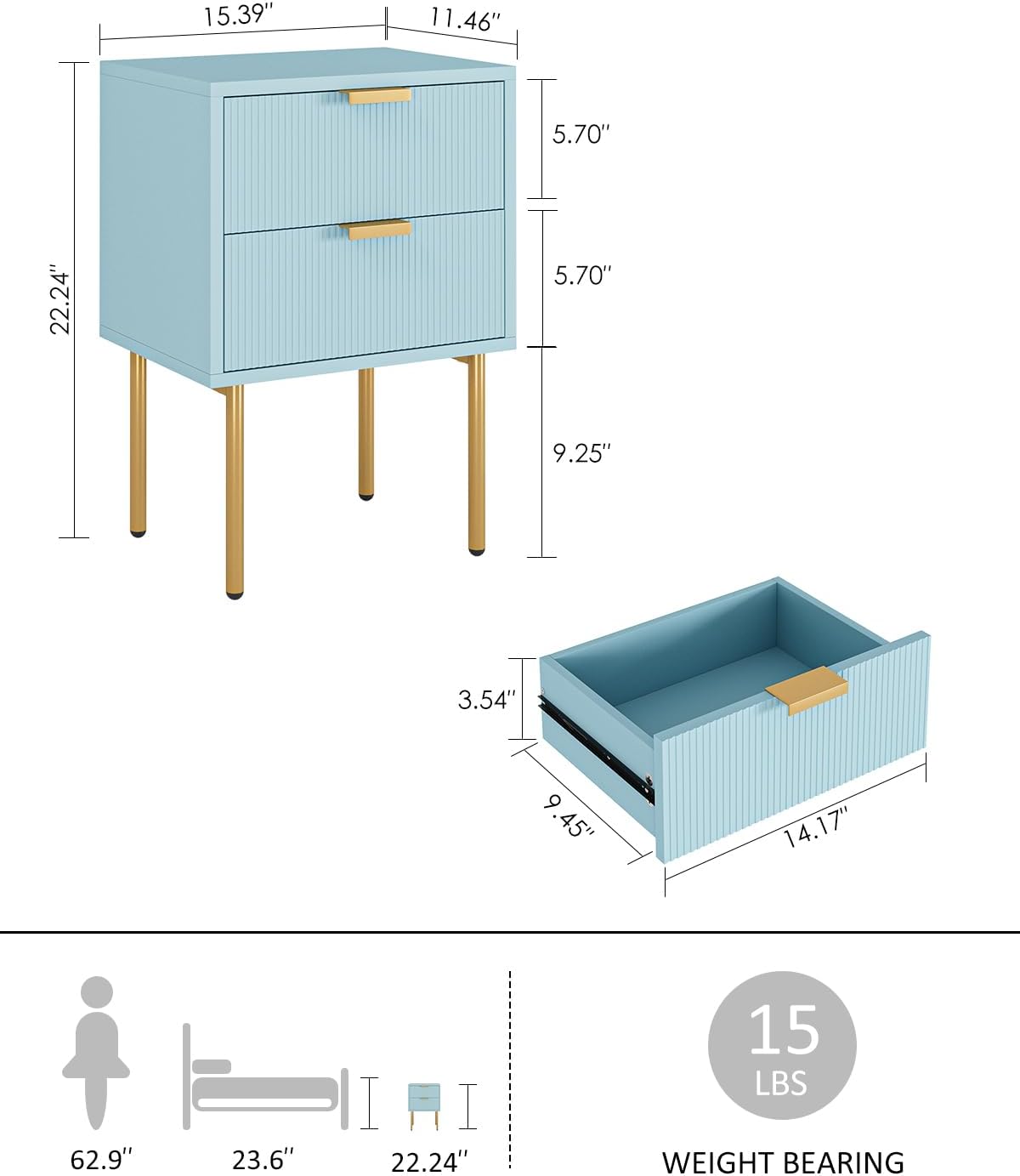 Nightstand,Morden Bedside Table with Gold Frame,Small White Night Stand,End Table,Bedside Furniture,Side Table with Drawer and Shelf for Bedroom,Living Room (2Drawers, Blue)