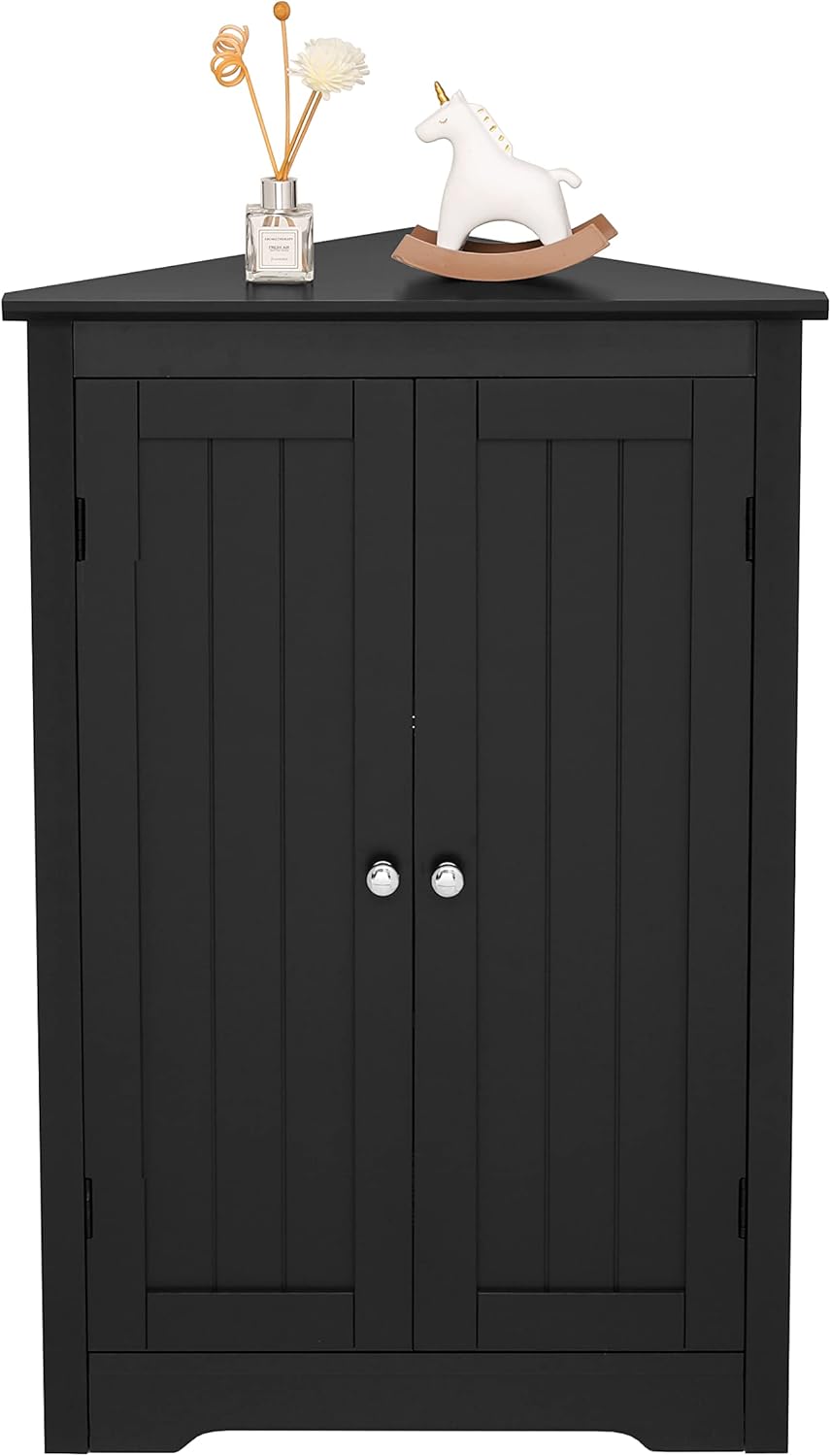 Iwell Corner Cabinet, Corner Bathroom Cabinet with 2 Doors & Adjustable Shelves, for Bathroom, Living Room, Kitchen, Black