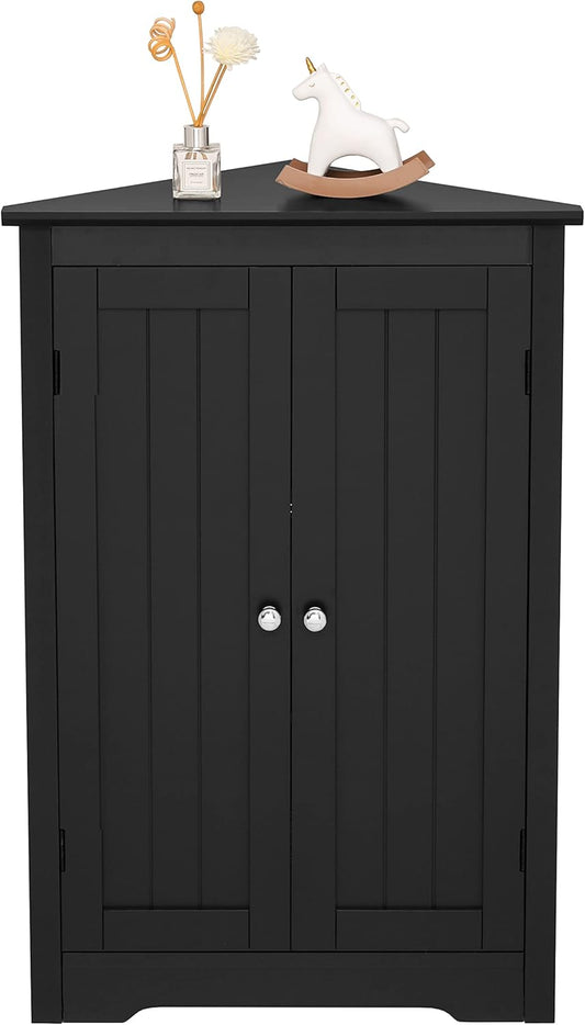 Iwell Corner Cabinet, Corner Bathroom Cabinet with 2 Doors & Adjustable Shelves, for Bathroom, Living Room, Kitchen, Black