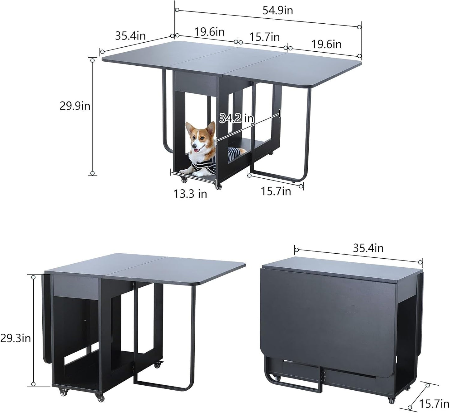 Folding table and chair set, dining table with extra large storage space and 4 universal wheels, matched with padded steel frame folding chairs, space-saving dining table and 4 chairs (Brown)