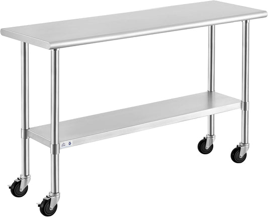 ROCKPOINT Stainless Steel Table for Prep & Work with Caster Wheels 18x60 Inches, NSF Metal Commercial Kitchen Heavy Duty Table with Adjustable Under Shelf and Table Foot for Restaurant, Home and Hotel