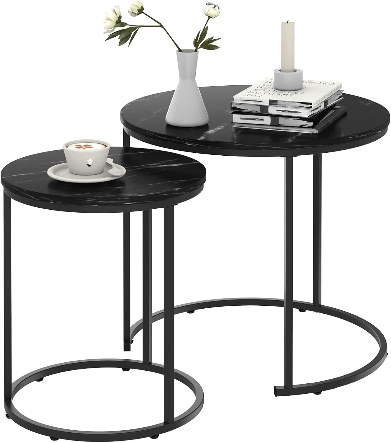 Black Marble Nesting Coffee Table for Small Place 24 in 2 Sets High Side End Sofa Table Nightstand Modern Furniture Living Room Cabin Bed Room Dining RoomGarden 4 You (Black Marble)