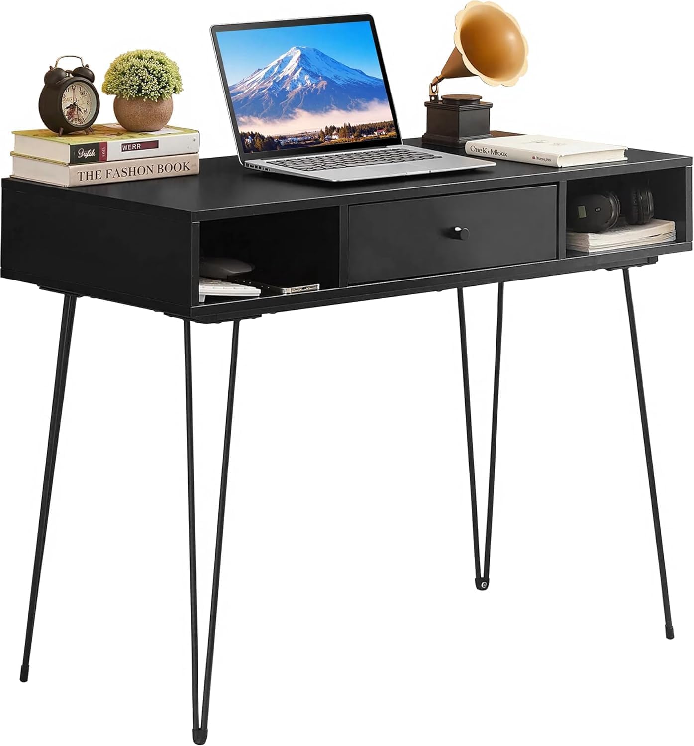 VECELO 39.3" Home Office Work Table with Drawers,Computer Desk with Hairpin Leg for Writing/Study,Classic Black
