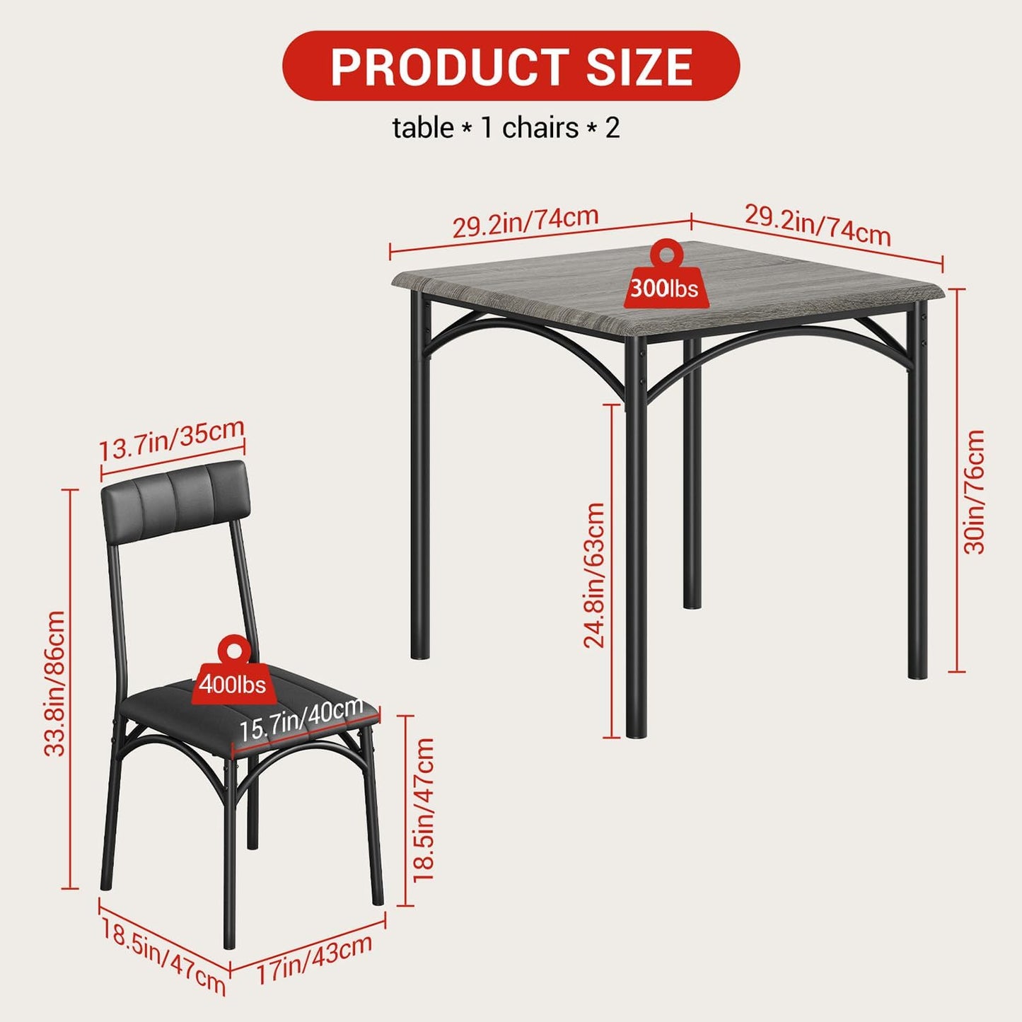 GarveeHome Dining Table Set for 2, Kitchen Table with 2 Upholstered Chairs, Wood Square Dining Table and Chairs Set for Small Space, Apartment, Dinner, Rustic Gray