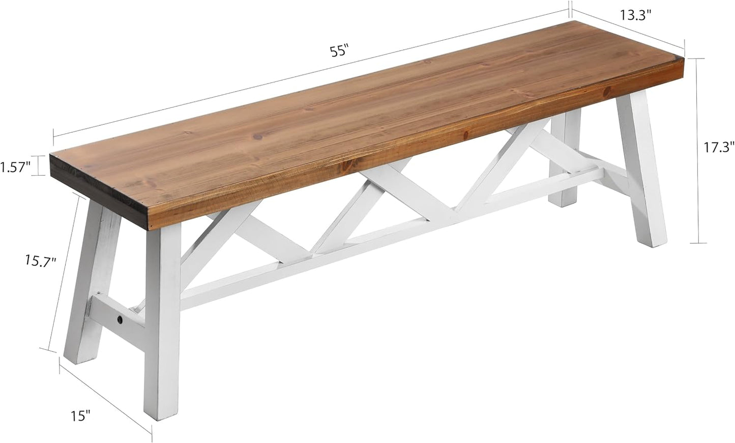 Wnutrees 54" Farmhouse Wood Bench, Rustic Solid Wood Entryway Bench Seat with Double X-Structure for Dining Room, Living Room, Hallway, Structural Stability, White