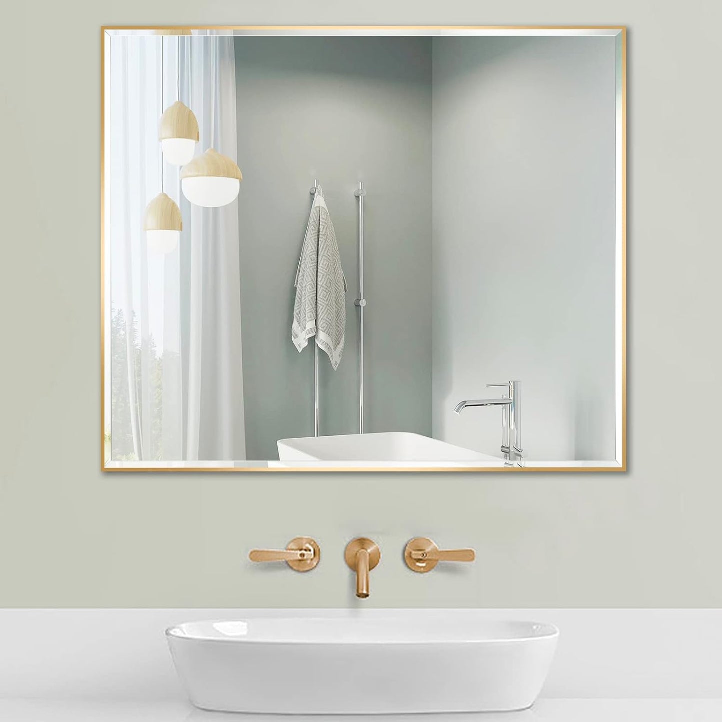 30x40 Inch Gold Mirror with Beveled Trim, Aluminum Frame Bathroom Vanity Mirror, Copper-Free Mirror, Rectangle Wall Mounted Mirror, Modern Rectangular Mirror Horizontal or Vertical