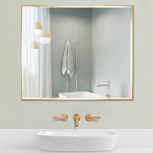 30x36 Inch Gold Mirror with Beveled Trim, Aluminum Frame Bathroom Vanity Mirror, Copper-Free Mirror, Rectangle Wall Mounted Mirror, Modern Rectangular Mirror Horizontal or Vertical