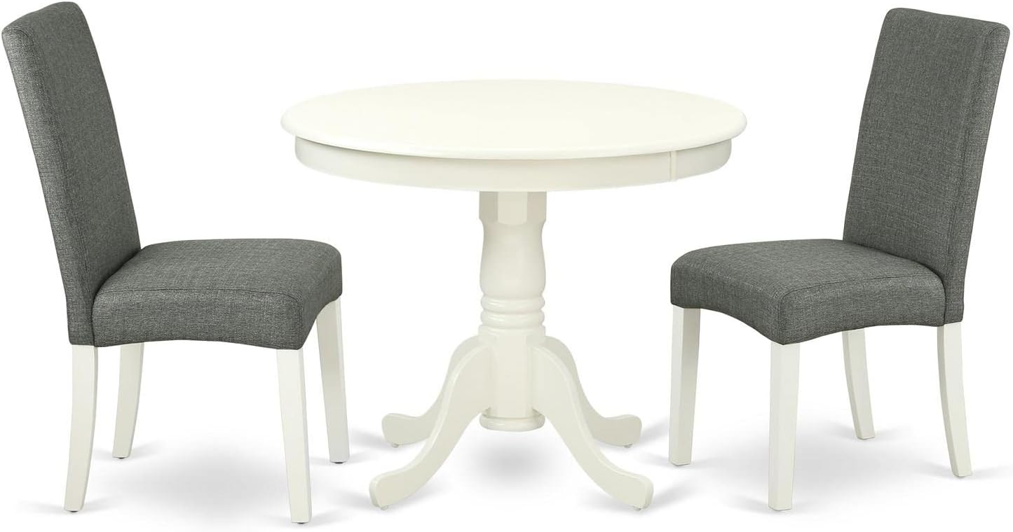 East West Furniture ANDR3-LWH-07 3 Piece Modern Dining Table Set Contains a Round Kitchen Table with Pedestal and 2 Gray Linen Fabric Parsons Dining Chairs, 36x36 Inch, Linen White