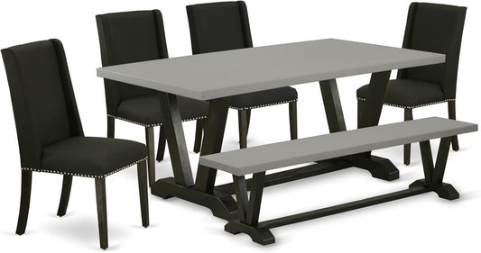 East West Furniture V697FL624-6 6 Piece Dining Table Set Contains a Rectangle Dining Room Table with V-Legs and 4 Black Linen Fabric Parson Chairs with a Bench, 40x72 Inch, Multi-Color