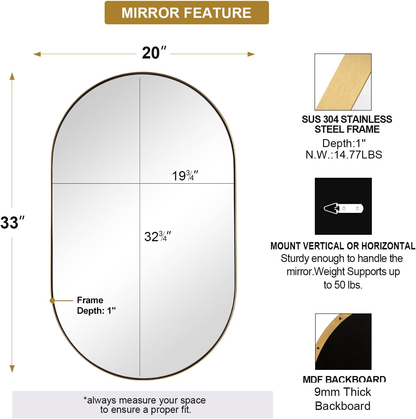 ANDY STAR Oval Bathroom Mirror, 20x33’’Oval Gold Mirror Stainless Steel Metal Frame Mirror for Bathroom, Entryway, Living Room, Contemporary 1" Deep Set Design Wall Mount Hangs Vertical or Horizontal