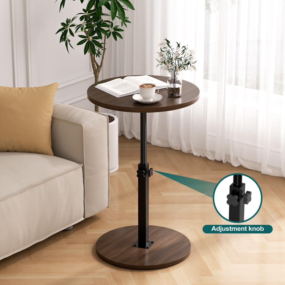 Adjustable Side Table, Round End Table, Small Bedside Table, Mid Century Modern Nightstand for Living Room, Bedroom, Corners and Office (Walnut)