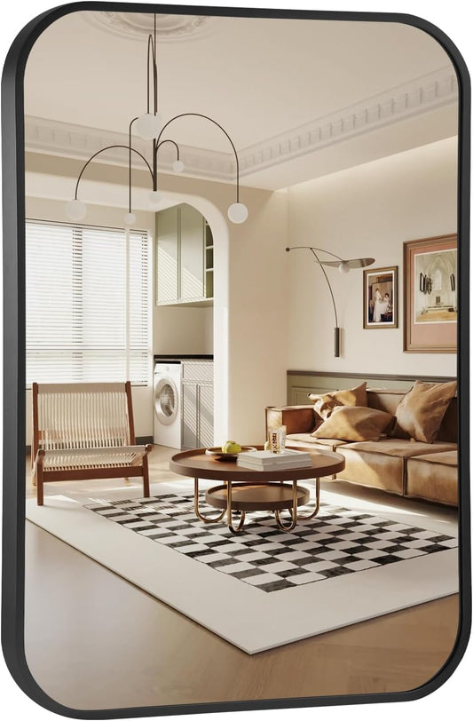 16x24 Inch Bathroom Mirror for Wall,Matte Black Framed Rectangle Mirror with Rounded Corner,Aluminum Alloy Framed Brushed Wall Mirror for Bedroom or Living Room,Vertical or Horizontal
