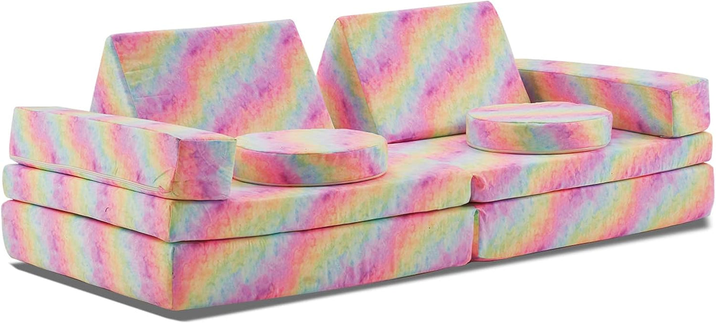 jela Kids Play Couch Castle Extended Size 10PCS with futons, Floor Sofa Modular Furniture for Kids and Adults, Foam Play Couch, Modular Play Sofa Set（Rainbow）