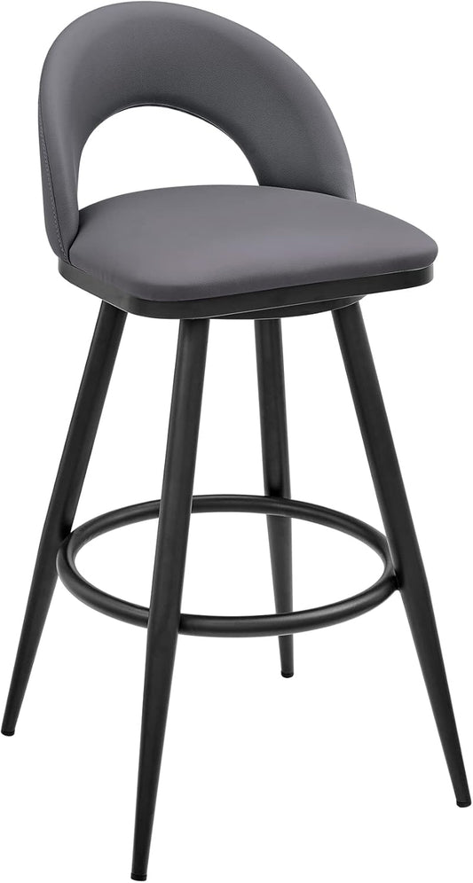 Armen Living Charlotte Swivel Counter Stool in Black Metal and Grey Faux Leather