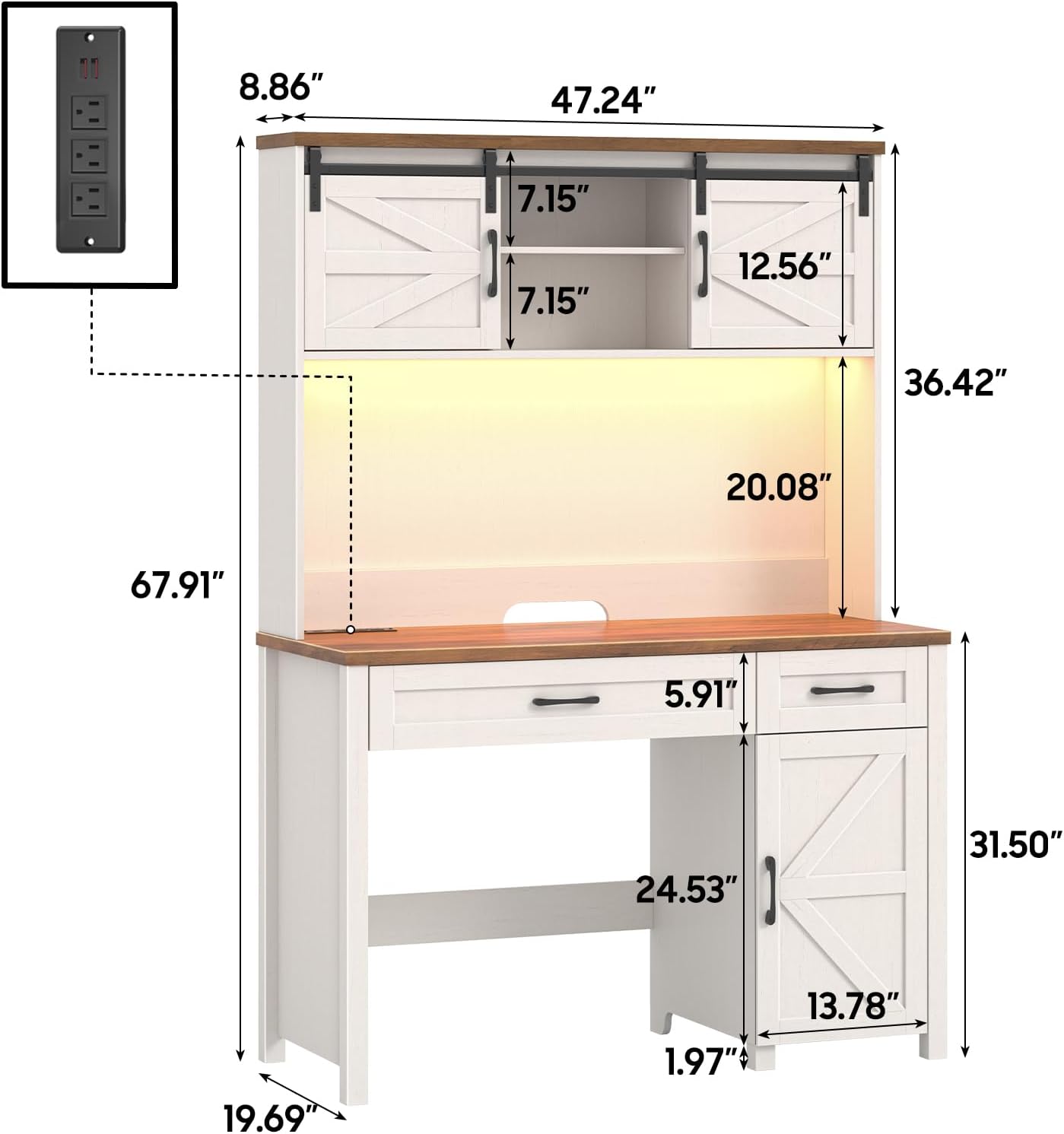 Farmhouse 47" Executive Desk, Computer Desk with 2 Drawers, LED Light and Storage Cabinet, Home Office Desk with Hutch, Charging Hub, Workstation for Home Office and Study.Unique White