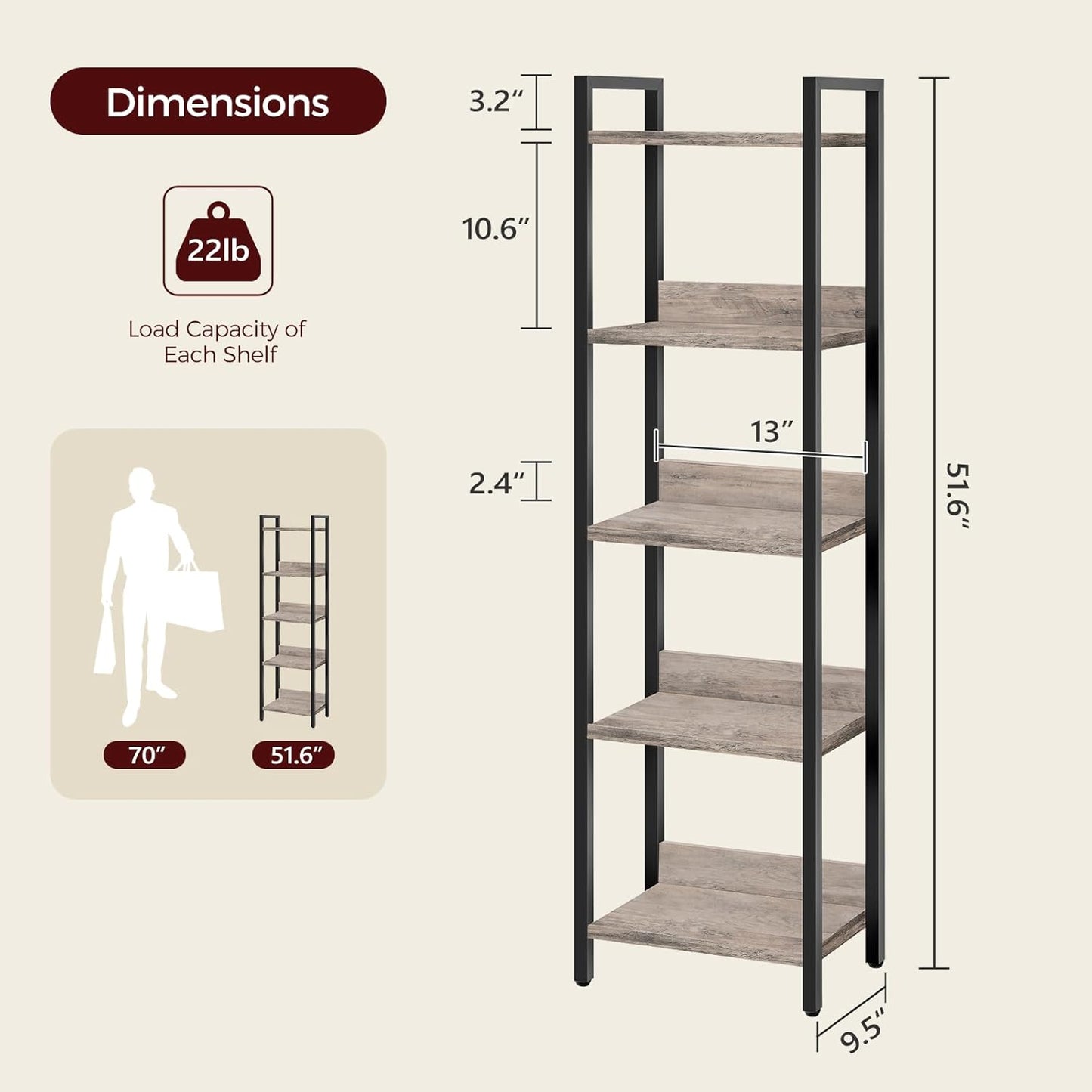 5-Tier Bookshelf, Bookcase, Shelves Organizer for Small Spaces, Storage Shelf Organizer, for Living Room, Bedroom, Study, Balcony, Greige and Black BKHG5501