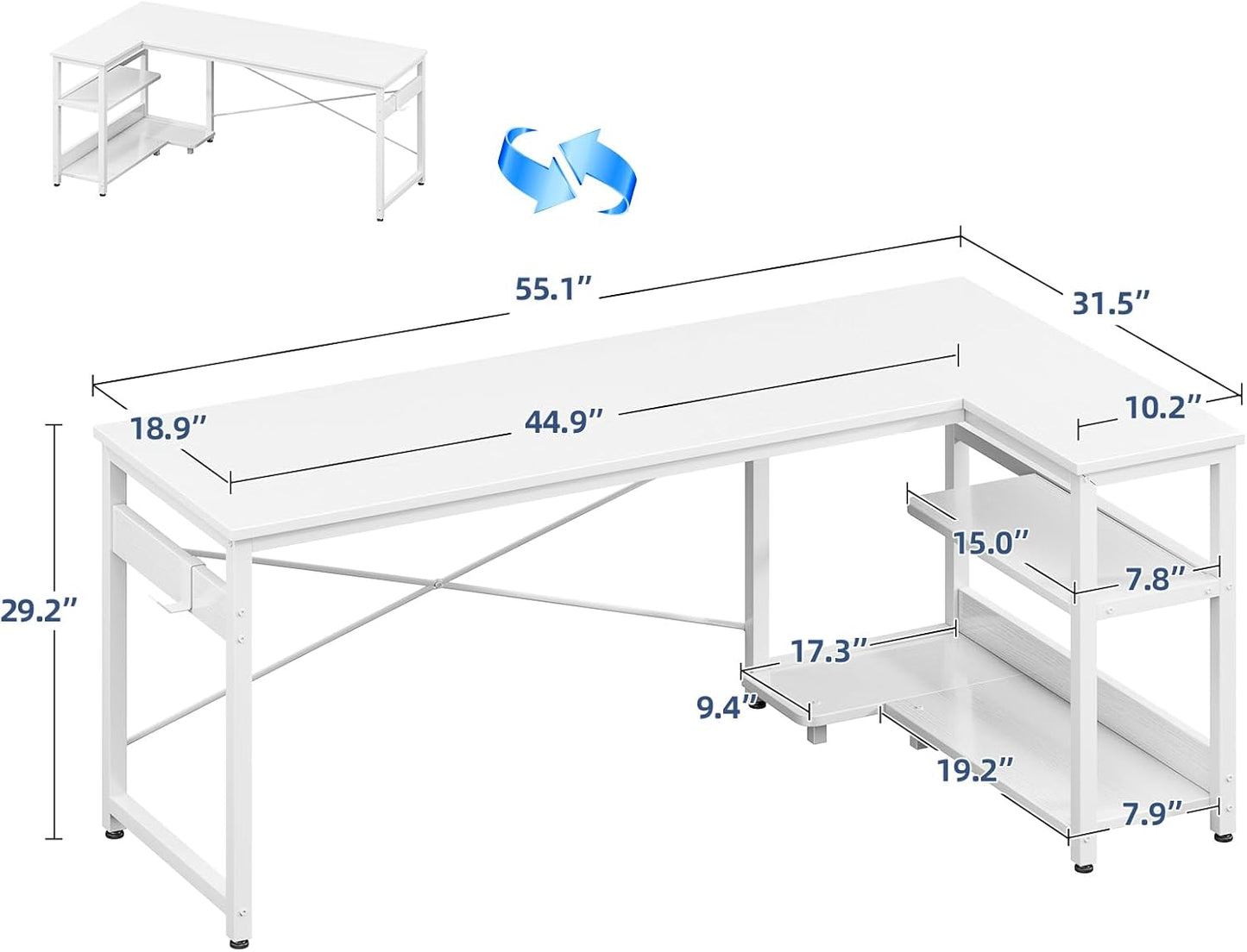 Casaottima L Shaped Computer Desk, 55 Inch Small Corner Desk with Storage Shelves & PC Stand, Reversible Gaming Desk for Bedroom, Modern Writing Study Table for Home Office, White
