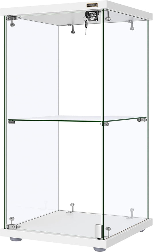 VIVOHOME 2 Layers 15.7''W x 15.7''D x 31.9''H Glass Display Cabinet Showcase Countertop with Lock, Tempered Glass 25mm MDF Base