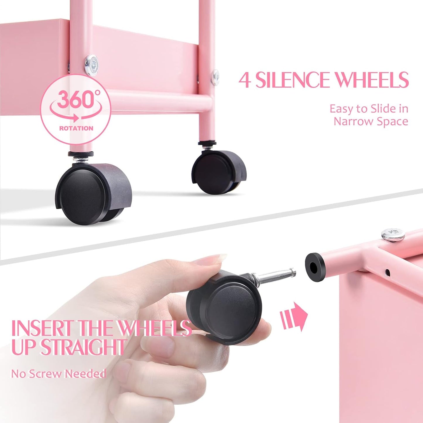 KINGRACK Slim Storage Cart, 4-Tier Metal Utility Rolling Cart with Wheels,Bathroom Organizer, Skinny Rolling Trolley, Mobile Shelving Unit for Office, Laundry Room, Narrow Place,Pink