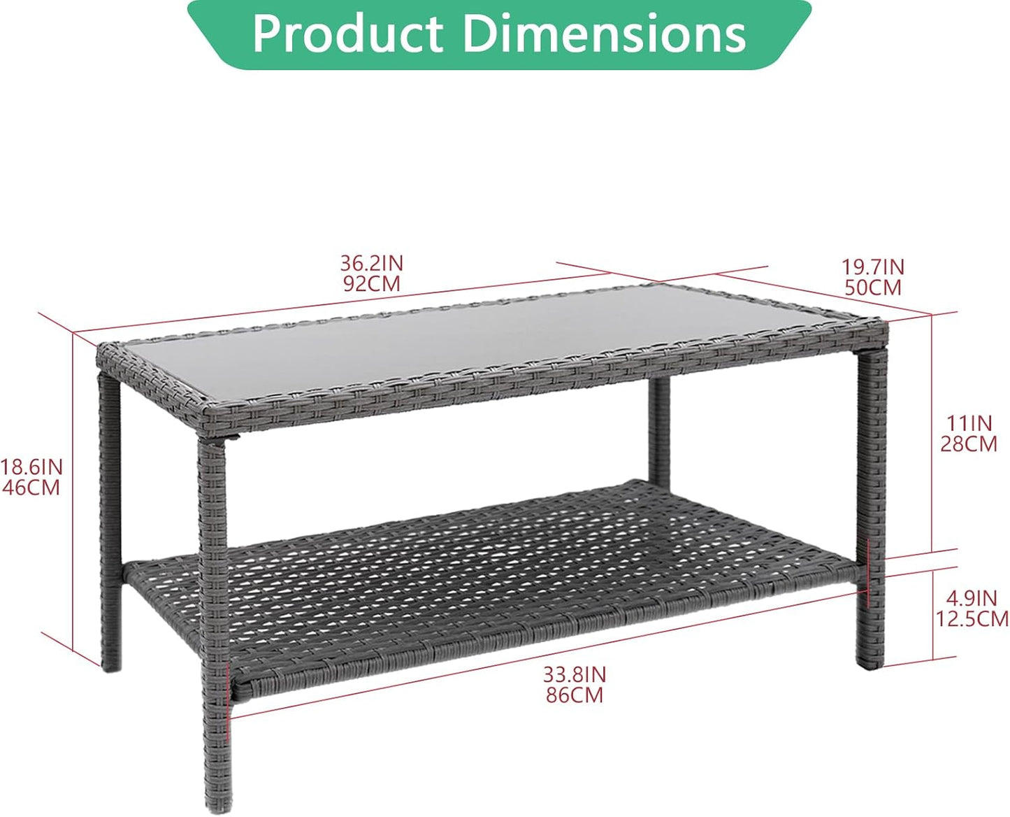 Helios&Hestia Rectangle All Weather Rattan Wicker Outdoor Coffee Side End Table with Glass Top for Patio, Deck, Backyard, Garden, Grey
