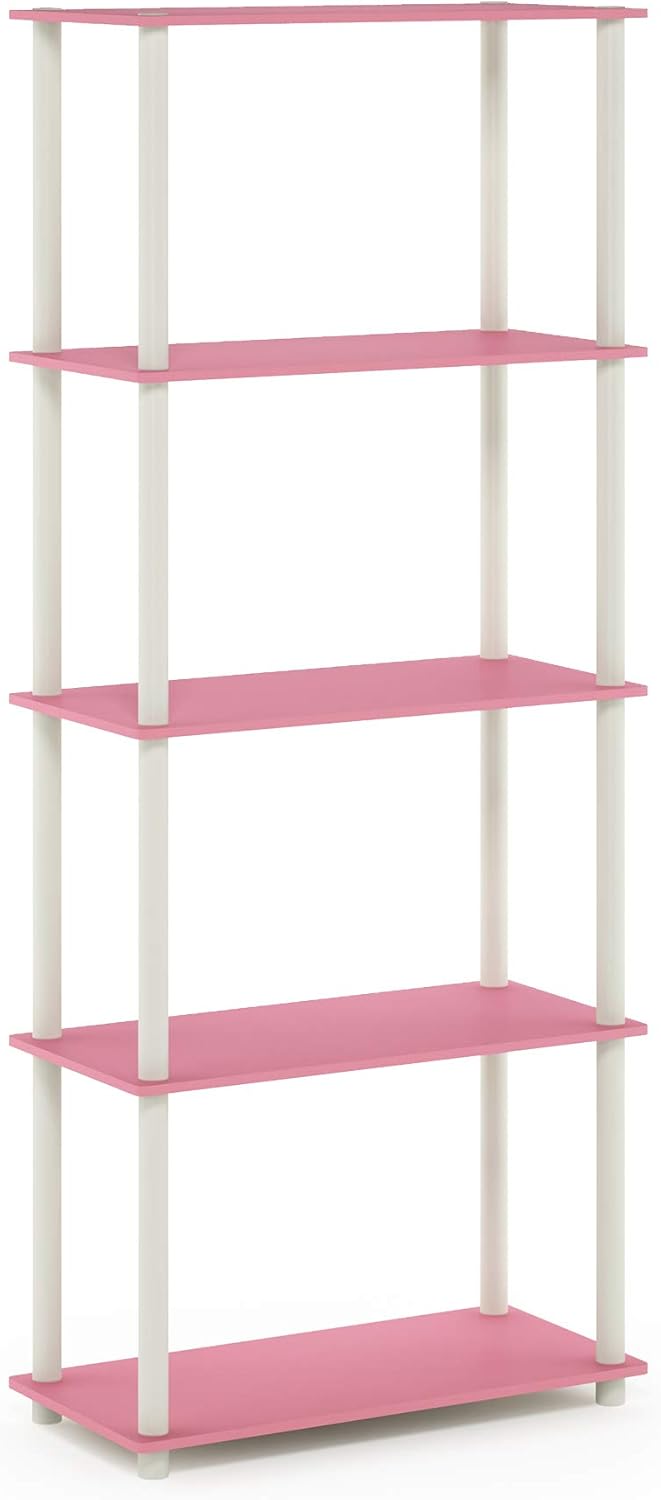 Furinno Turn-N-Tube Multipurpose Shelf / Display Rack / Storage Shelf / Bookshelf, 5-Tier Round Tube, Pink/White