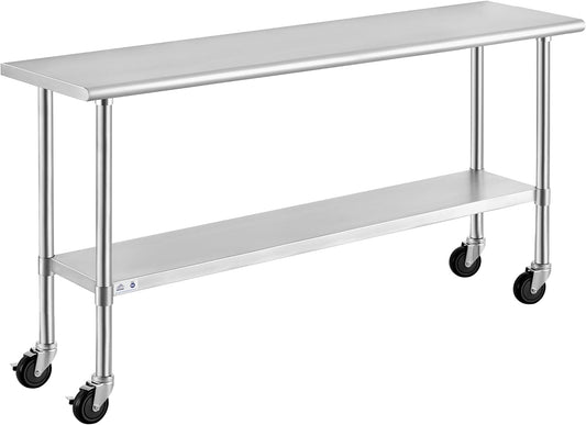 ROCKPOINT Stainless Steel Table for Prep & Work with Caster Wheels 18x72 Inches, NSF Metal Commercial Kitchen Heavy Duty Table with Adjustable Under Shelf and Table Foot for Restaurant, Home and Hotel
