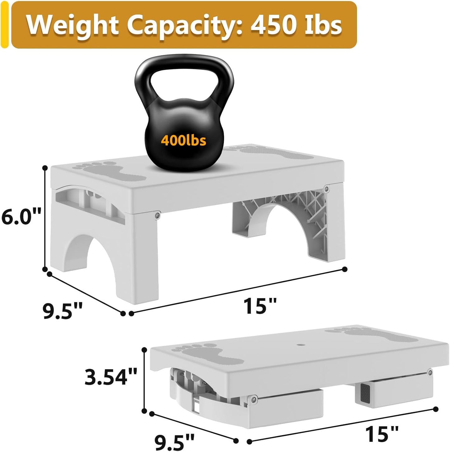 Folding Step Stool for Adults Kids, Heavy Duty Non-Slip Foldable Stepping Stool with 400-LBS Capacity, Safety Collapsible Foot Step Stool for Bathroom Bedroom Kitchen, Bed Steps for High Beds, White