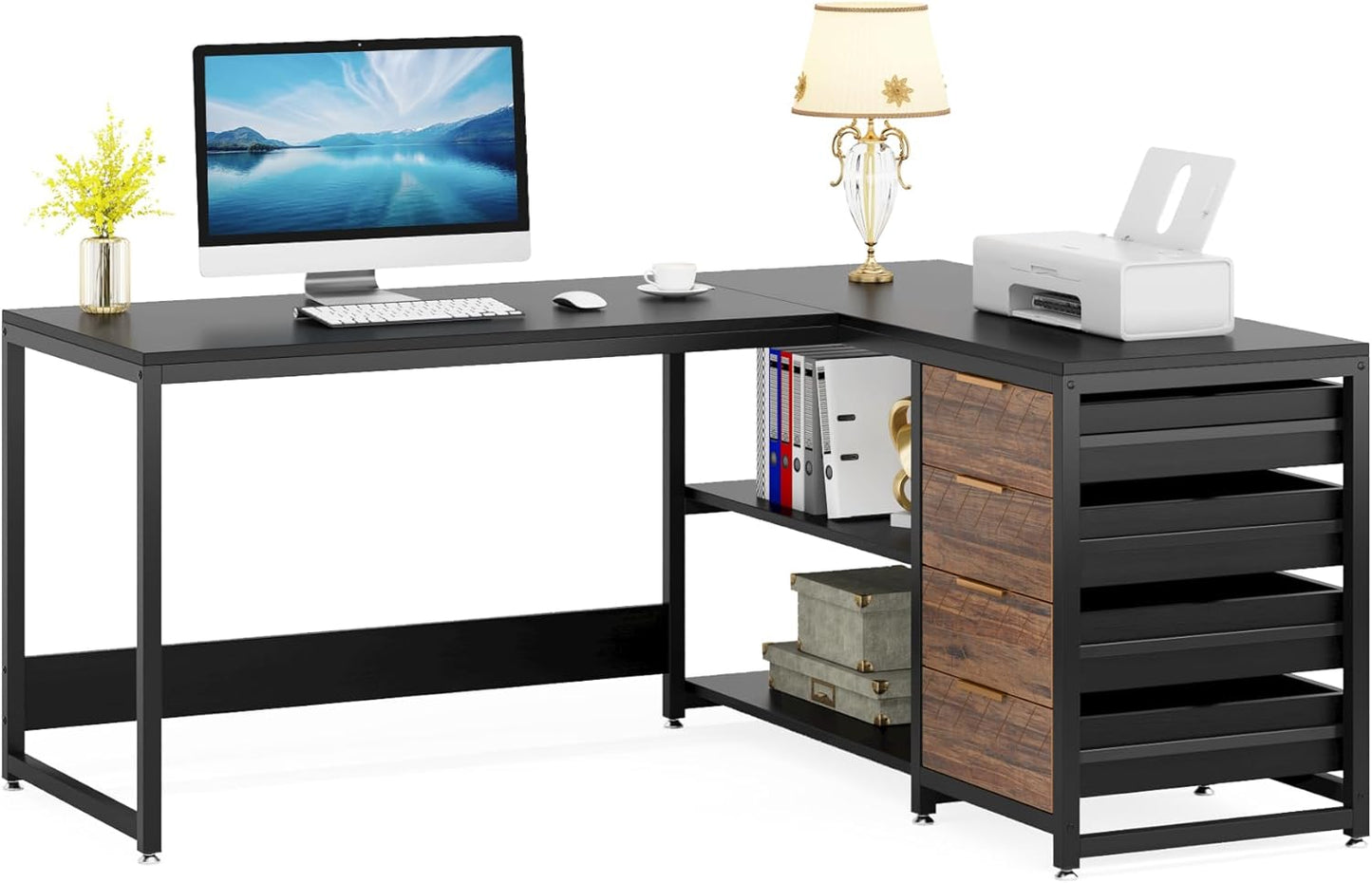 LITTLE TREE 59-Inch L Shaped Desk with Drawers, Large Computer Desk with Storage Shelves, Reversible L-Shaped Corner Desk Workstation for Home Office