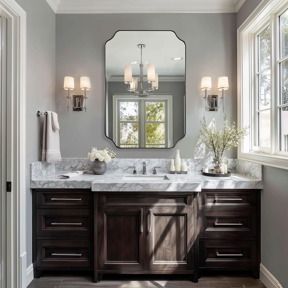 ANDY STAR Chrome Scalloped Mirror, 26x38 Inch Polished Chrome Rectangle Mirror, Unique Bathroom Mirror with Scalloped Edge Design, Rust-Proof Stainless Steel 1’’ Frame, Home Decor